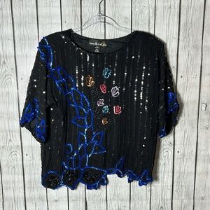 Rue de Calais vintage silk asymmetrical hem sequined top size Large